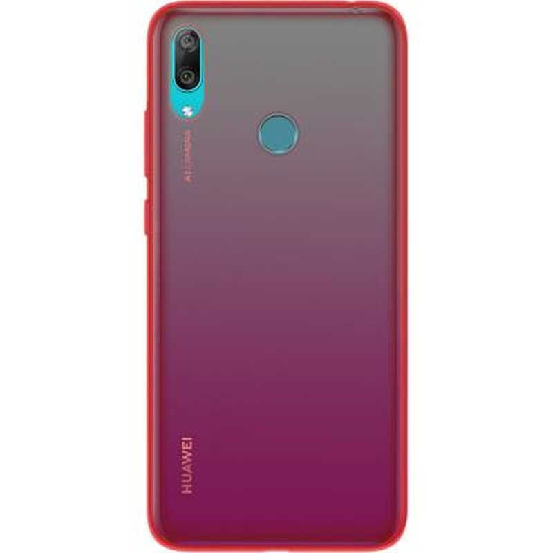 Cover rossa per telefono con sfumatura grigio-viola, fotocamere e logo Huawei.