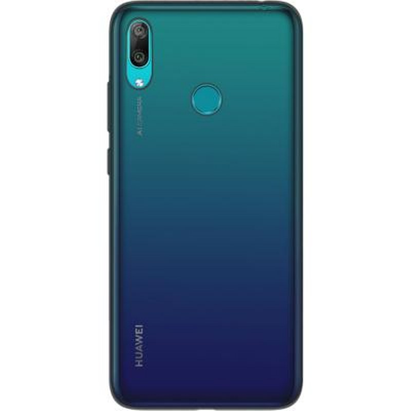 Retro di uno smartphone Huawei blu e verde con tripla fotocamera e sensore impronte.