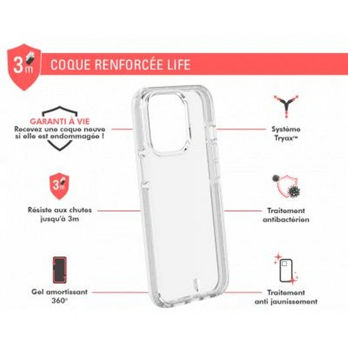 Custodia trasparente per telefono con protezione caduta 3m e trattamento antibatterico.