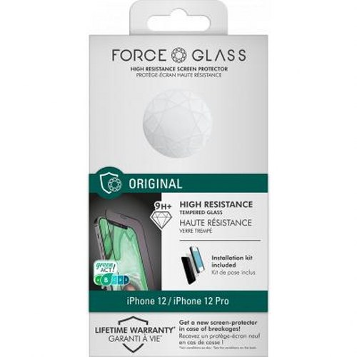 FORCE GLASS iPhone 12/12 Pro screen protector packaging with installation kit.
