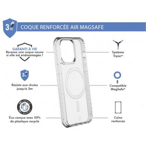 Custodia iPhone trasparente MagSafe, protezione 3m, garanzia a vita, plastica riciclata.