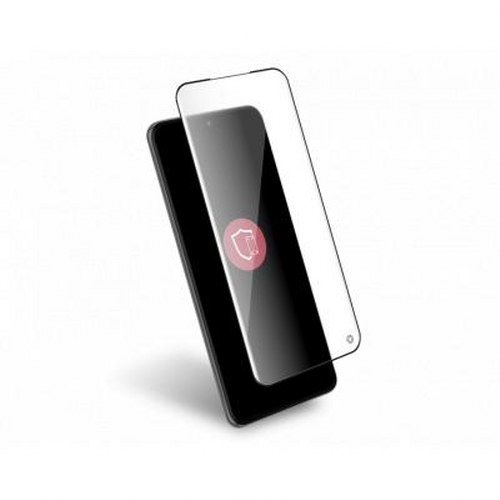 Uno smartphone nero con una protezione per lo schermo appoggiata sopra. Un'icona a scudo rossa è sullo schermo.