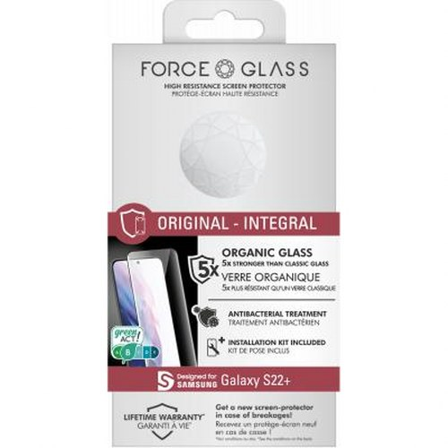 Confezione di protezione schermo Force Glass per Samsung Galaxy S22+.