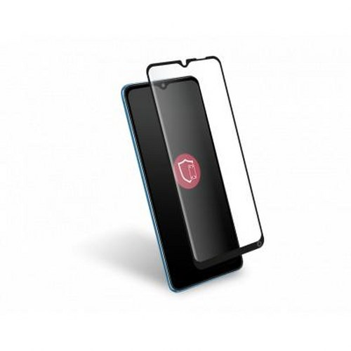 Una protezione schermo giace su uno smartphone nero con icona scudo rossa.