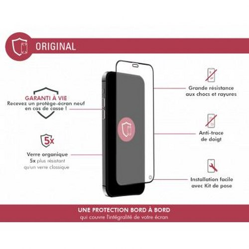 Illustration of a phone screen protector with features: lifetime warranty, shock & scratch resistant, anti-fingerprint, easy install.