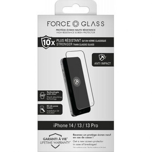 FORCE GLASS screen protector packaging for iPhone 14/13/13 Pro, 10x stronger.