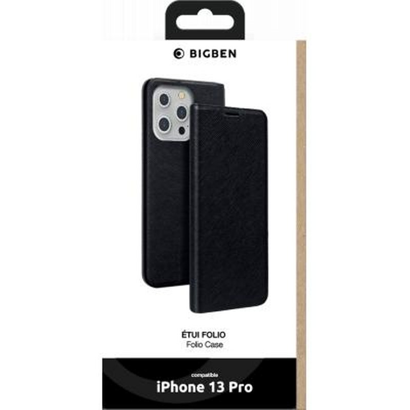 Custodia folio nera Bigben per iPhone 13 Pro. Telefono mostrato con copertina aperta.
