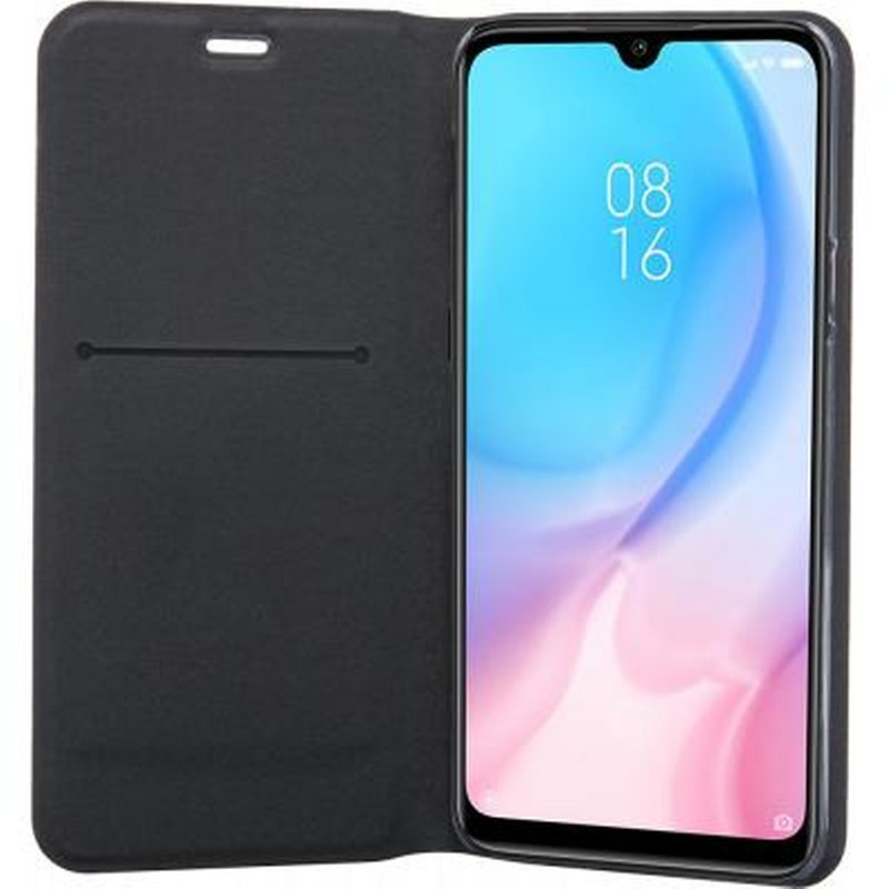 Uno smartphone nero con cover a libro aperta. L'ora visualizzata è 08:16.