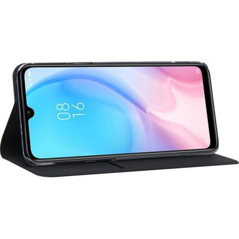 Uno smartphone nero in custodia, in piedi. Lo schermo mostra 08 e 16.