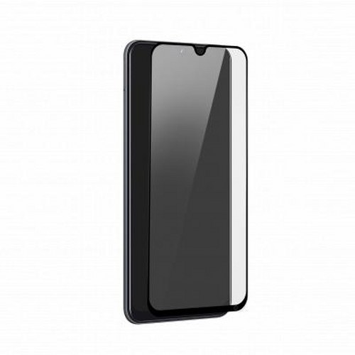 Uno smartphone nero con una protezione per lo schermo.