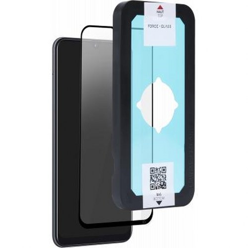 Kit proteggi schermo telefono con applicatore. Telefono nero, applicatore blu.