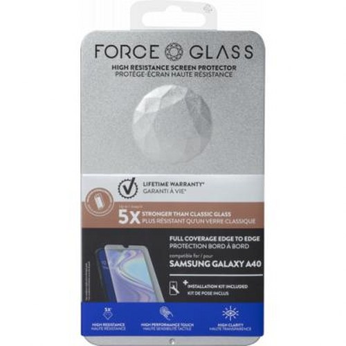 Confezione di una protezione per schermo Force Glass per Samsung Galaxy A40.