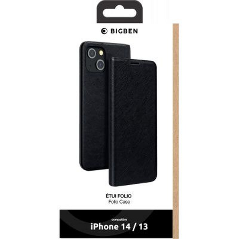 Custodia folio nera BIGBEN per iPhone 14/13 con finitura testurizzata.