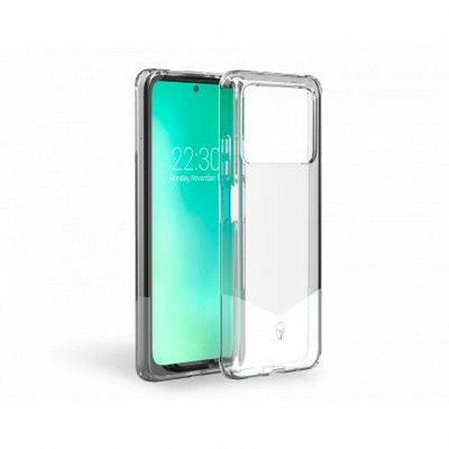 Una cover trasparente per telefono accanto a uno smartphone con schermo blu.