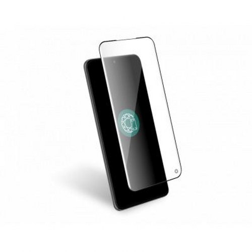 Uno smartphone nero con protezione schermo trasparente. Cerchio verde sullo schermo.