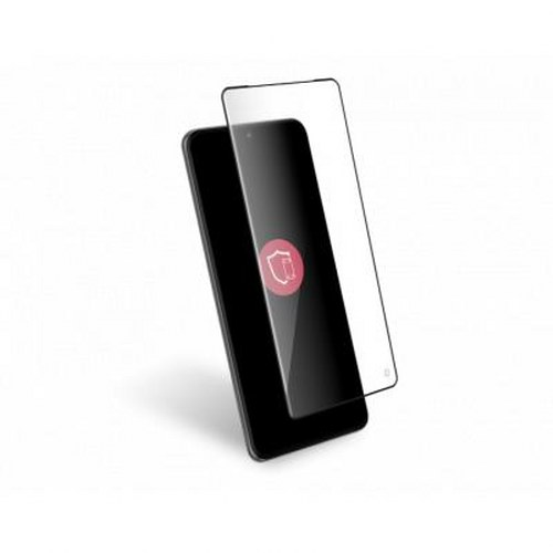 Uno smartphone nero con proteggi schermo trasparente che mostra un logo scudo rosso.