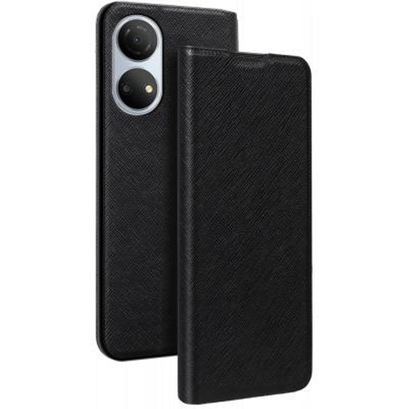 Telefono nero con custodia a libro aperta, fotocamera visibile.