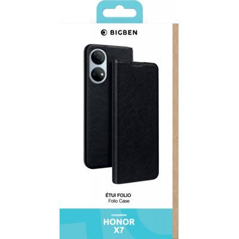 Custodia a libro nera BIGBEN per Honor X7, mostra il telefono con la custodia aperta.