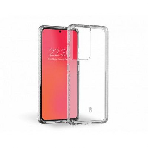 Una custodia trasparente per telefono con schermo rosso.