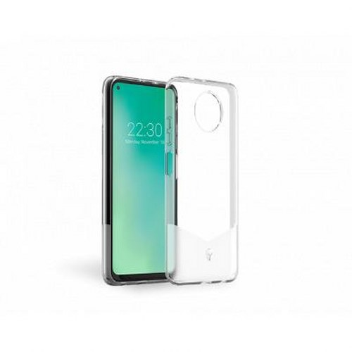 Una custodia trasparente per telefono giace accanto a uno smartphone con schermo verde.