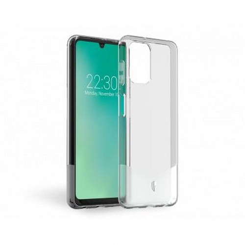 Una custodia trasparente per telefono poggia accanto a uno smartphone con schermo verde.