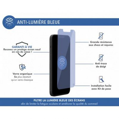 Image of a phone screen protector with text on blue light filtering, resistance, and warranty.