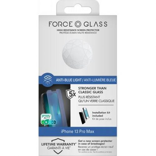 Packaging for iPhone 13 Pro Max screen protector with anti-blue light feature.