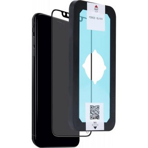 A black phone with a screen protector kit, showing installation guides.
