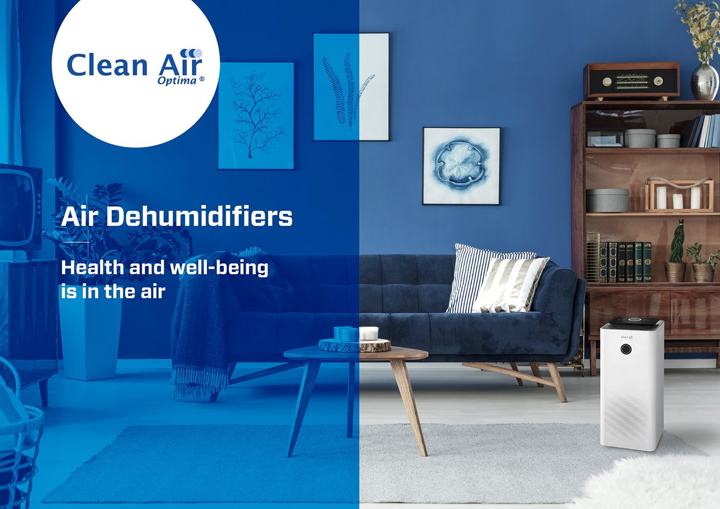 Wohnzimmer mit blauen Wänden, dunkelblauer Couch, modernem Luftreiniger und Vintage-Radio.