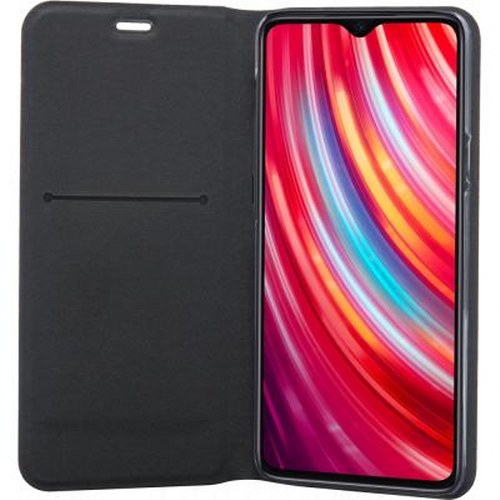 Uno smartphone nero con custodia aperta, che mostra uno sfondo colorato.