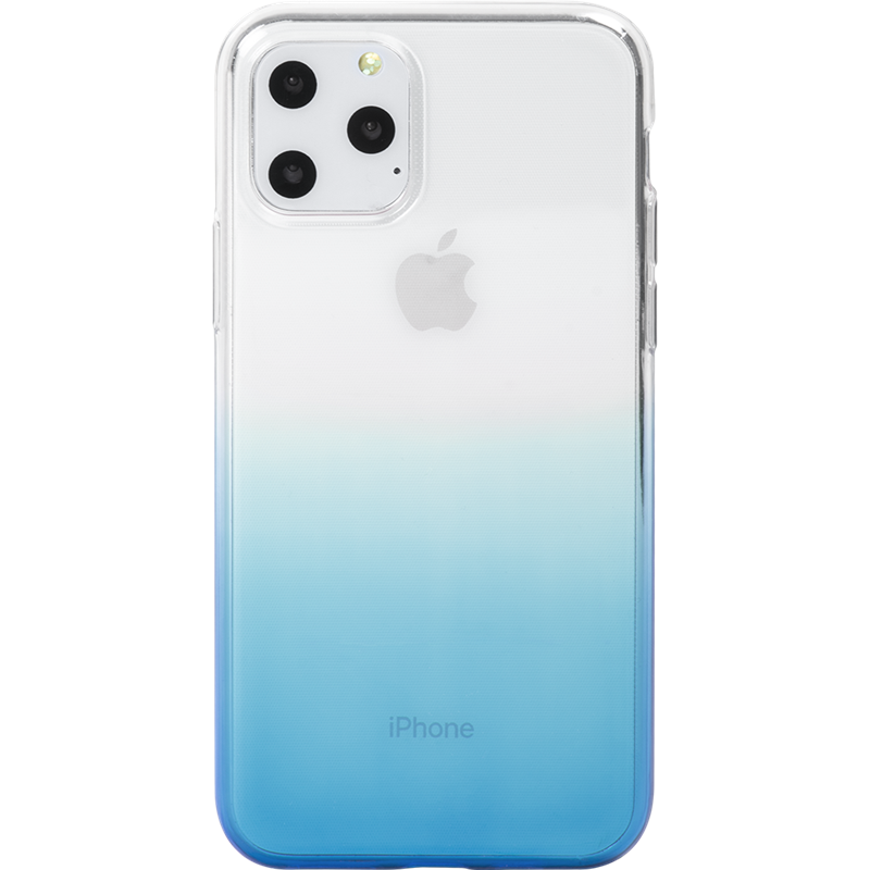 Una custodia trasparente per iPhone con sfumatura blu.