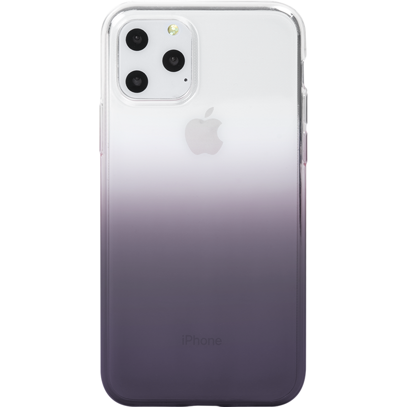 Custodia trasparente per telefono con sfumatura viola-bianco, logo Apple e scritta iPhone.