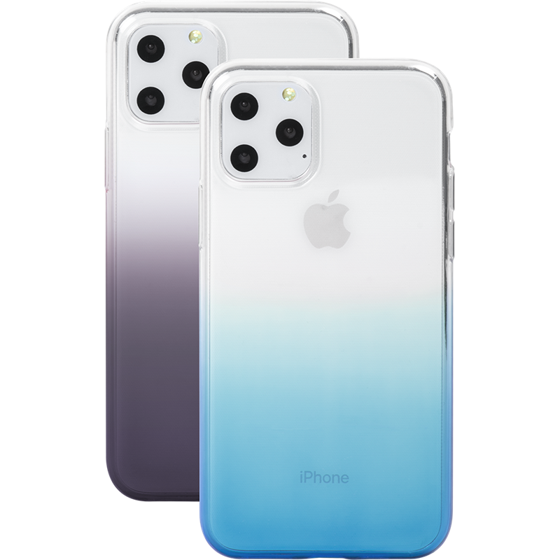 Due iPhone in custodie trasparenti con sfumatura da trasparente a blu e viola.