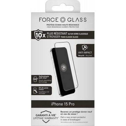 Confezione protettore schermo Force Glass per iPhone 15 Pro, 10x più resistente.
