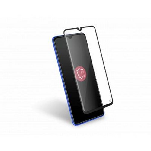 Uno smartphone blu con una protezione per lo schermo accanto, su sfondo bianco.