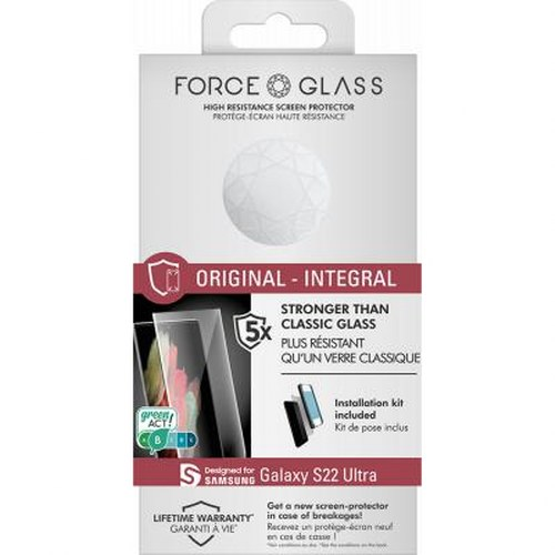 Confezione protettore schermo Force Glass per Galaxy S22 Ultra, kit incluso.