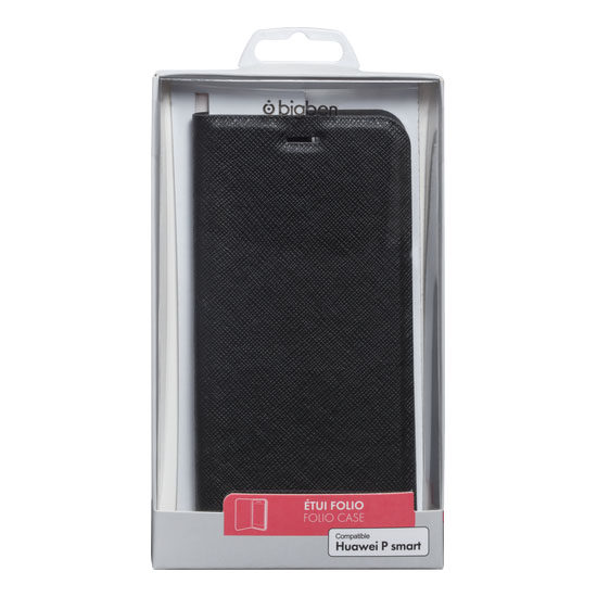 Custodia a libro nera per Huawei P smart in confezione.