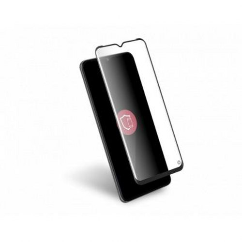 Uno smartphone nero con una protezione per lo schermo trasparente sopra.