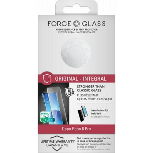 Confezione protettore schermo Force Glass per Oppo Reno 6 Pro.