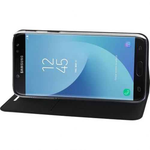 Schwarzes Samsung-Telefon mit blauem Bildschirm, zeigt Uhrzeit 12:45 und Datum Do 11. Mai.