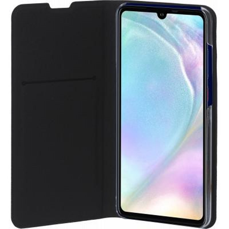 Custodia nera per smartphone con flip aperto che rivela un display luminoso.