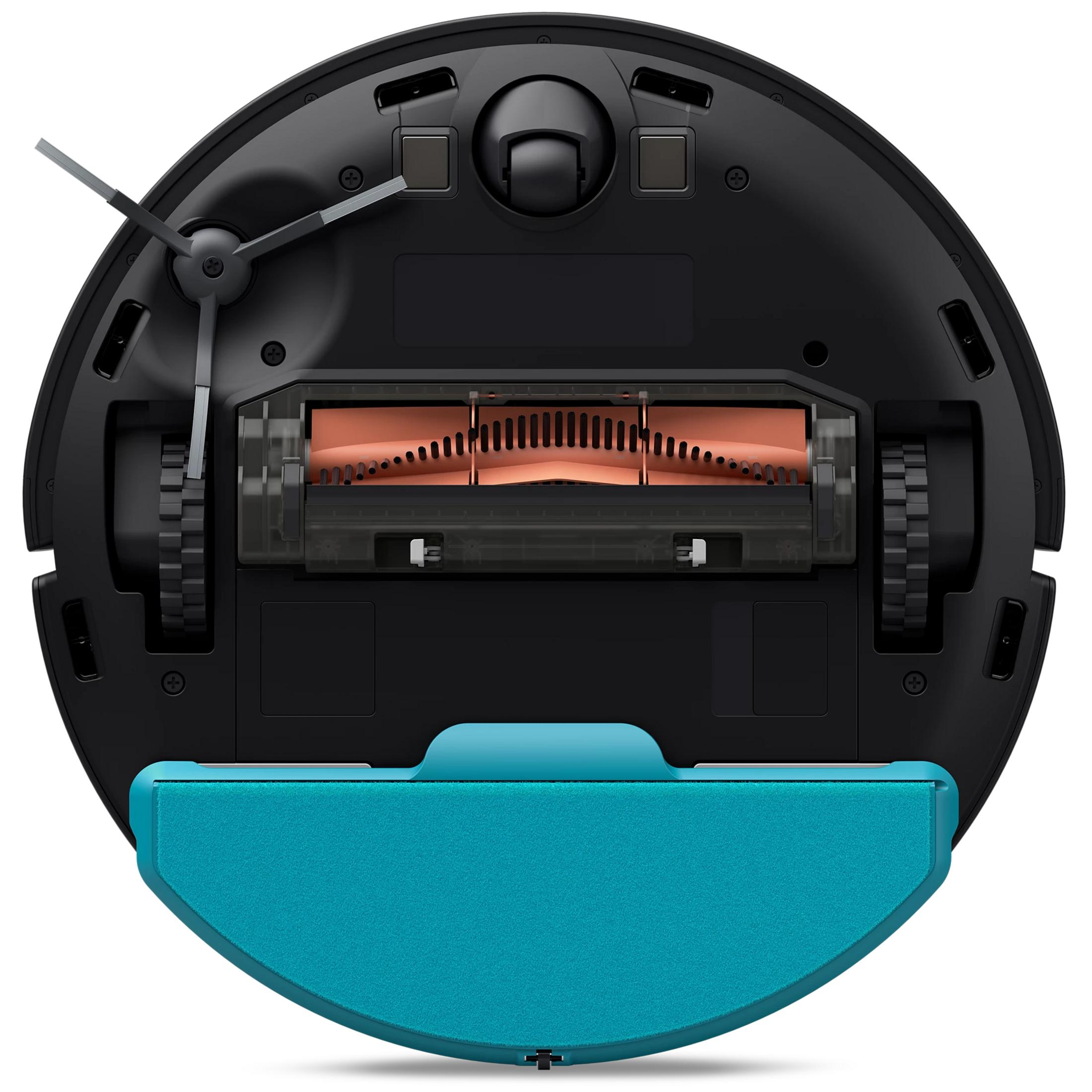 Parte inferiore di un robot aspirapolvere nero con spazzole, ruote e contenitore polvere blu.
