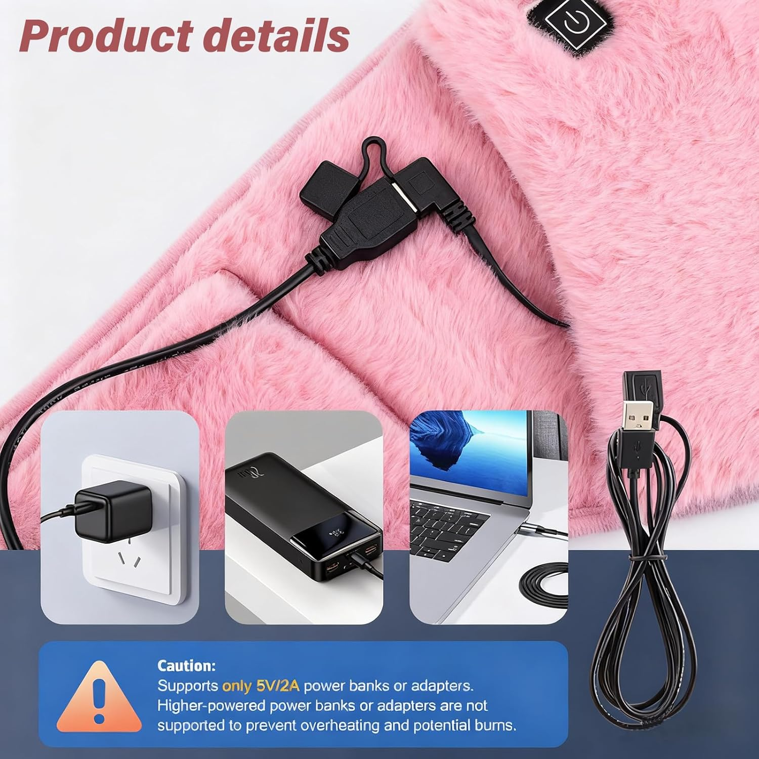 Rosa Plüsch mit USB-Kabel, Powerbank, Laptop und Netzstecker.