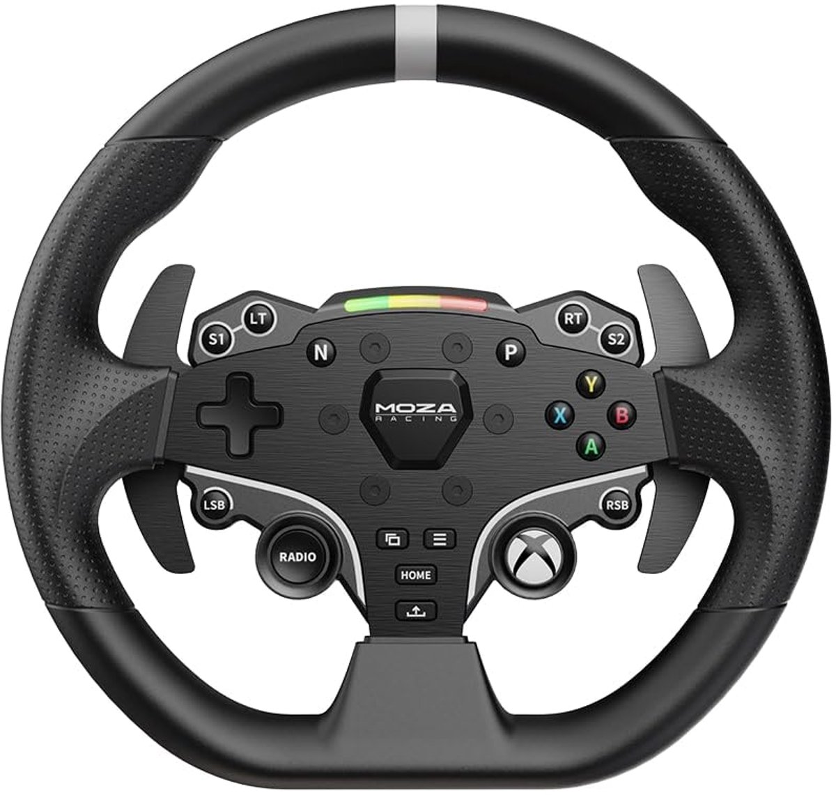 Een zwart racewiel met knoppen en paddles, tegen een witte achtergrond.