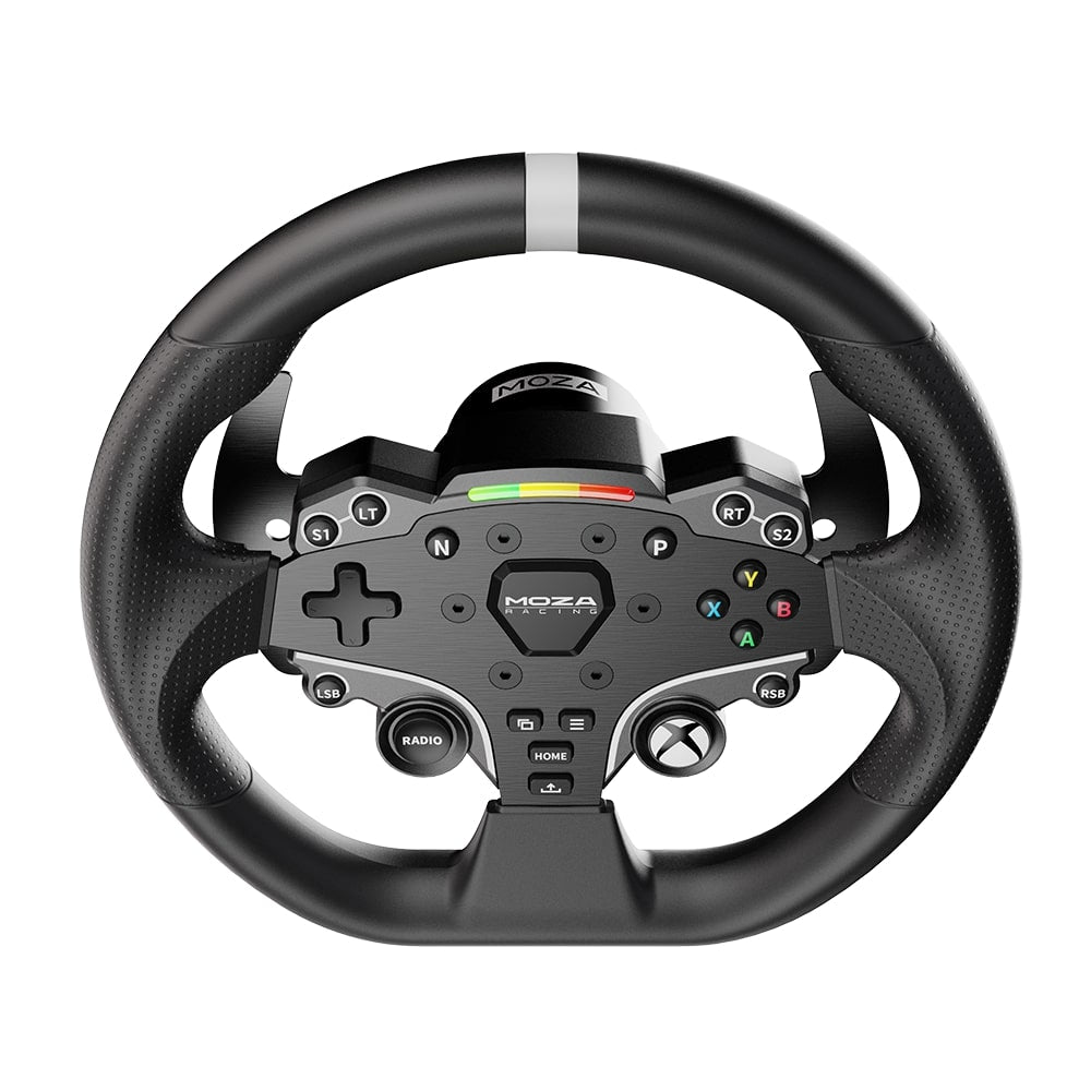 Een zwart Moza racewiel met knoppen, D-pad en LED-verlichting.