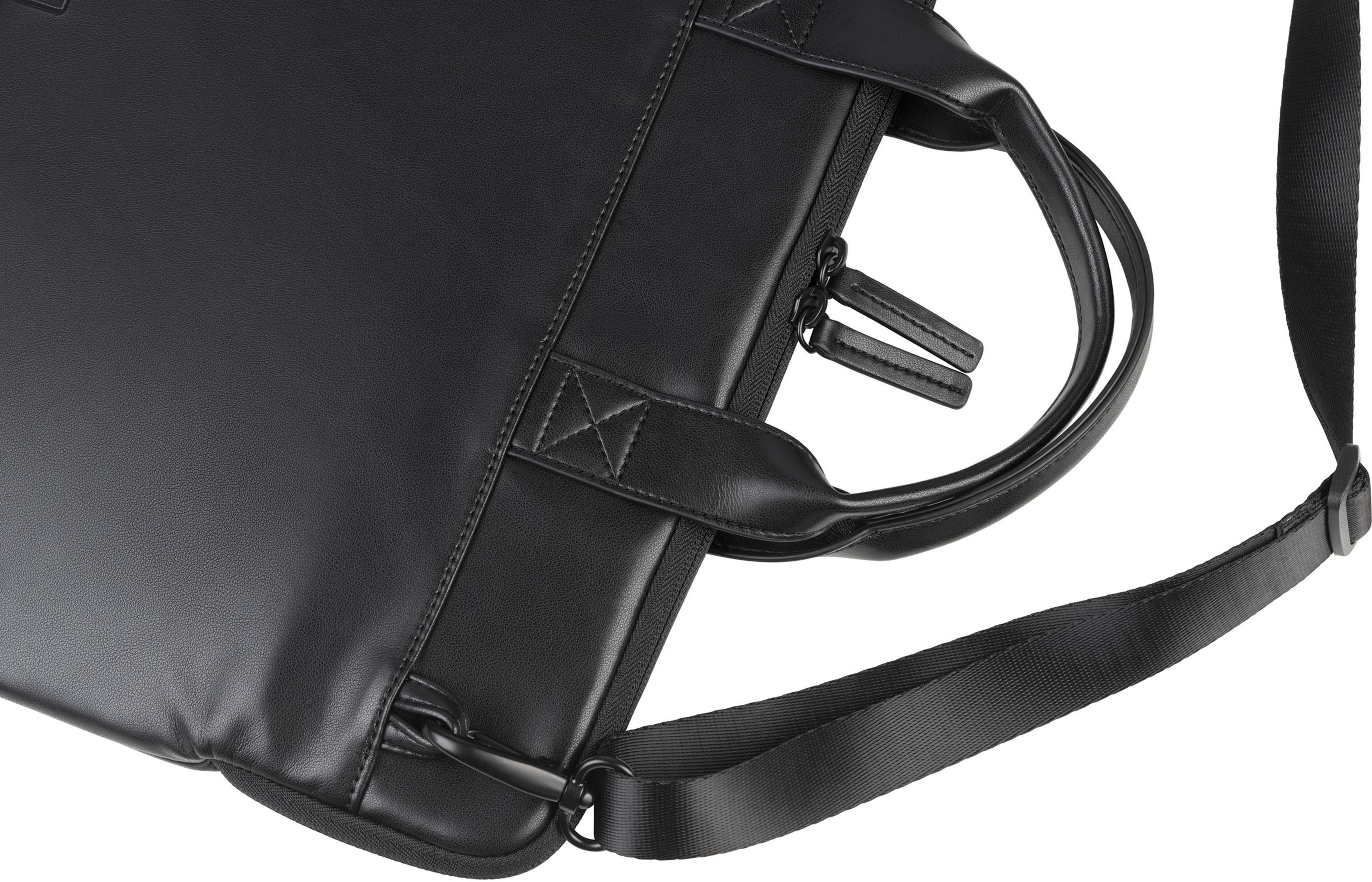 Borsa nera con cerniera, manici e tracolla.