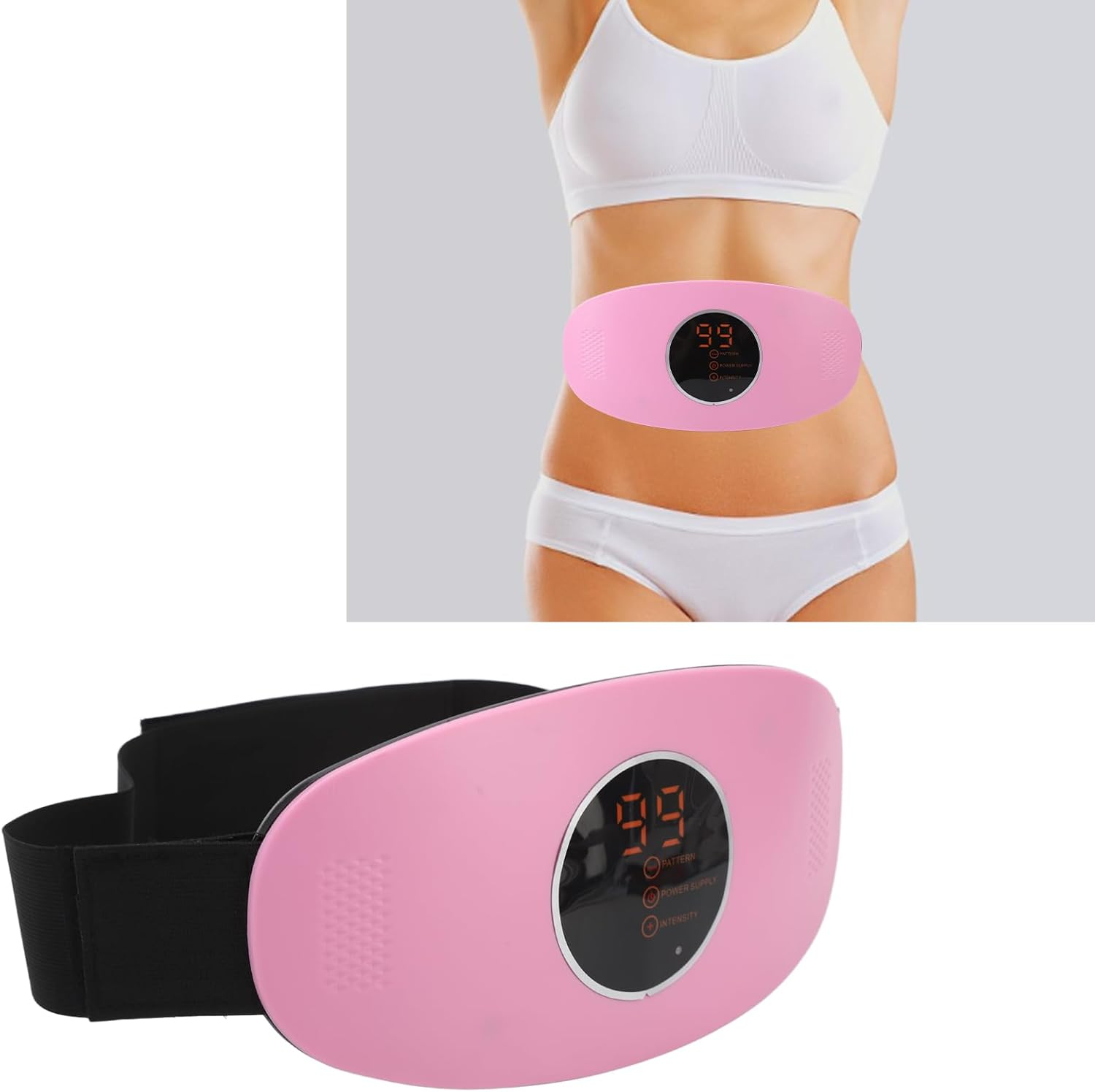 Pinker EMS-Fitnessgürtel mit Digitalanzeige an einer Person und isoliert.