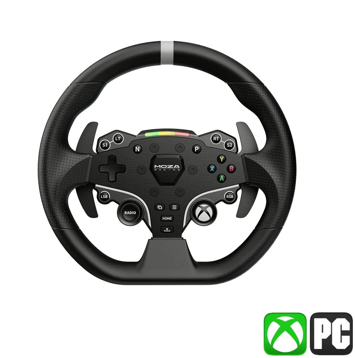 Un volant de course noir avec des commandes et les logos Xbox et PC.