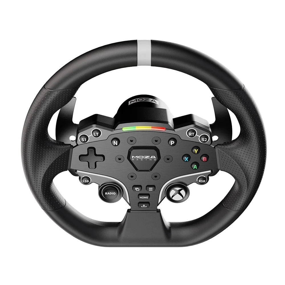 Un volant de course noir avec des boutons et une disposition de manette Xbox.