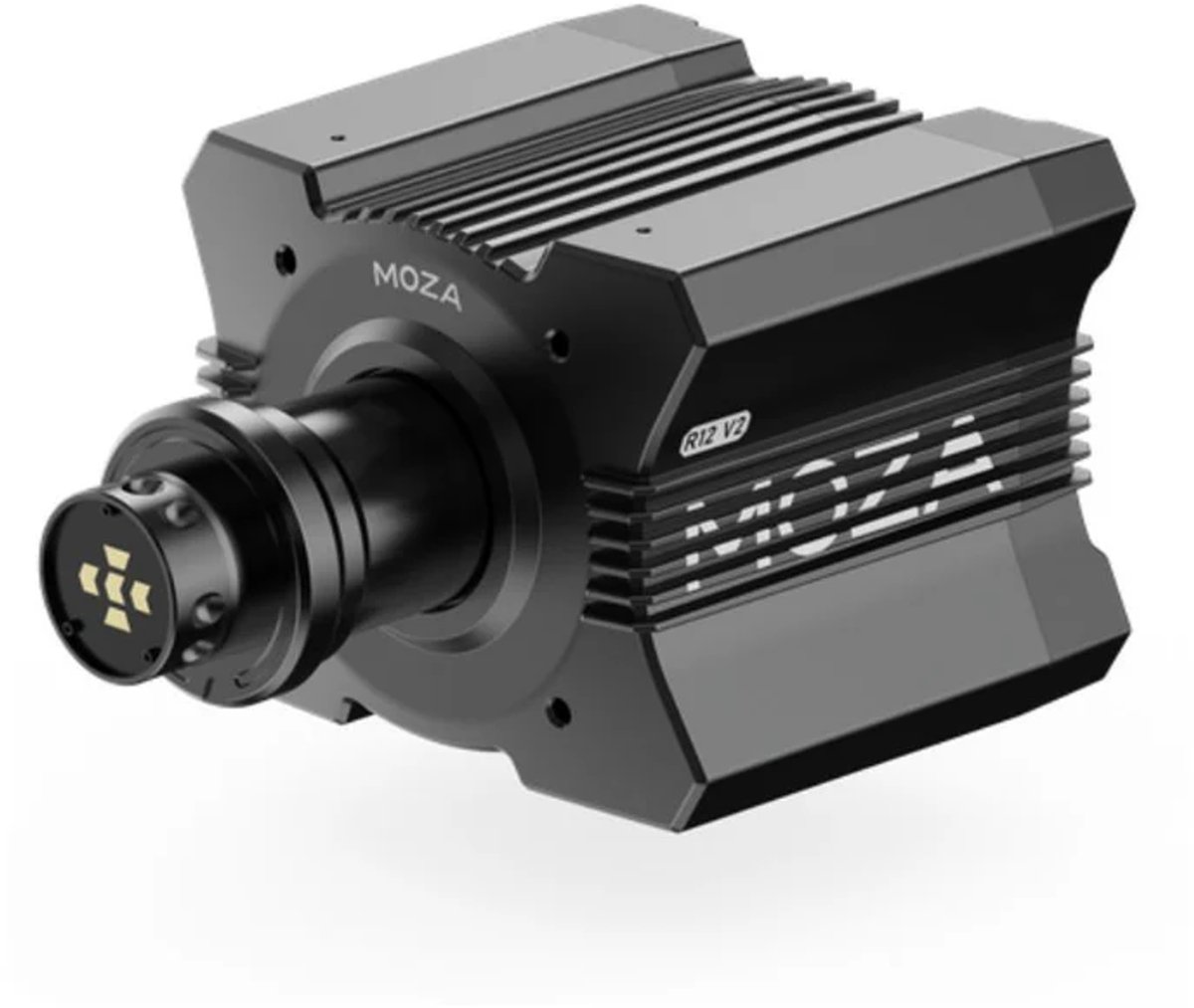 Base de volant noire Moza R12 V2 avec côtés nervurés et un emblème doré.